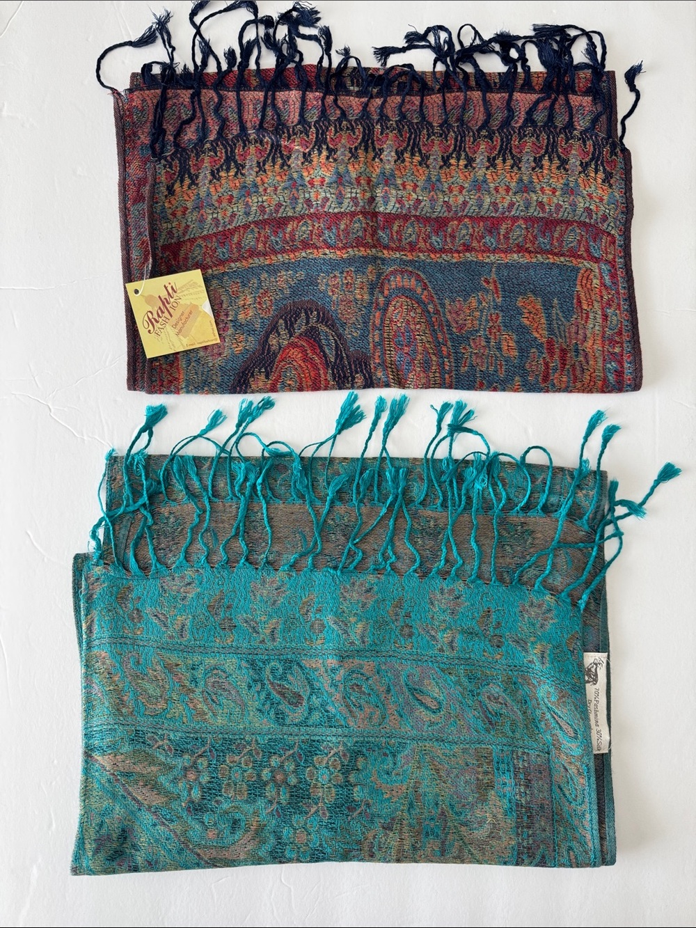 Pashmina Silk Blend Paisley Wrap Shawl Teal or Navy Fringe